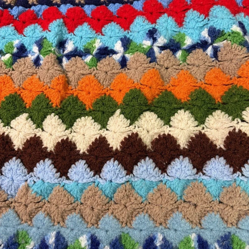 Vtg Vibrant Handmade Crochet Afghan Blanket Retro‎ Earth Tones 70s Ripple 58x37
